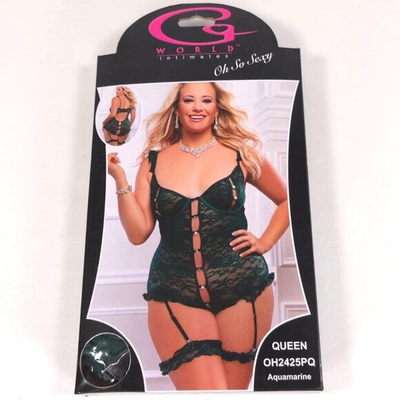 Green Lace Peekaboo Teddy Snap Crotch w/ Garters Plus Size G World OH2425PQ - Picture 3 of 7